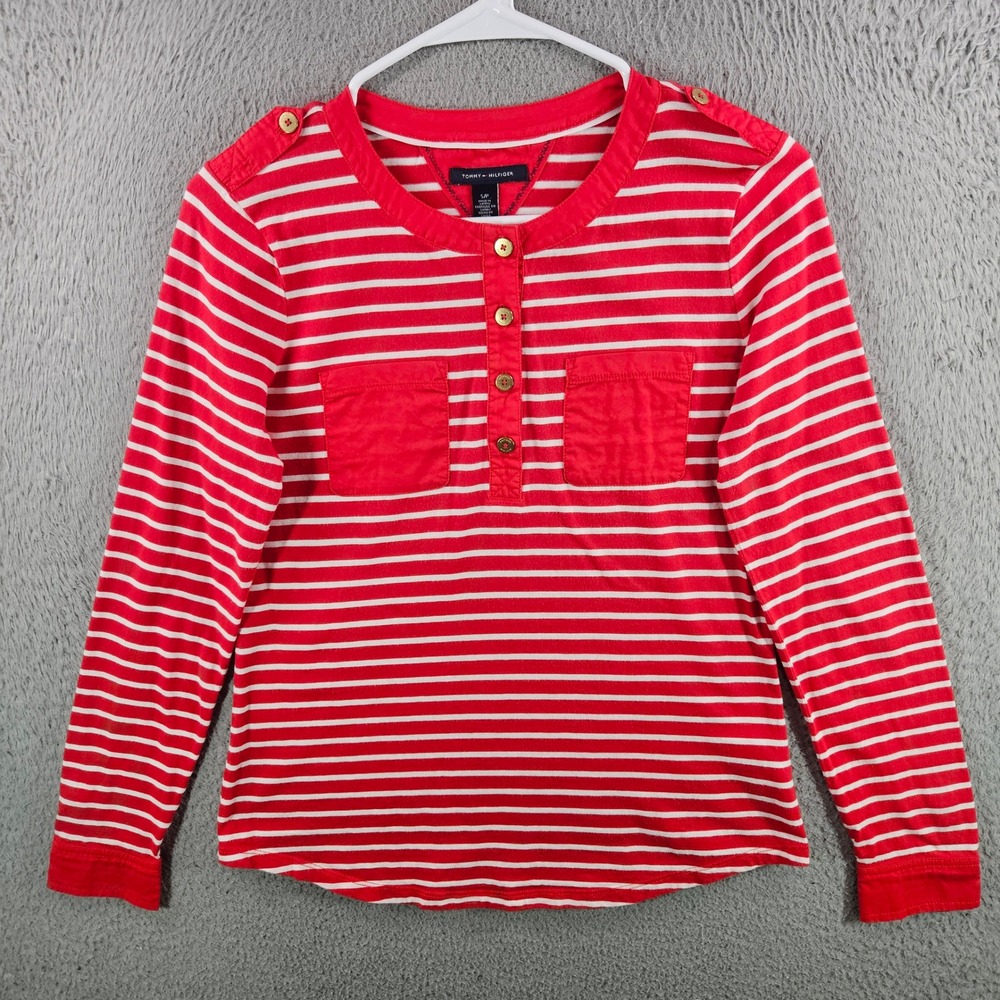 Tommy Hilfiger Womens Small Red White Striped Henley Long Sleeve Shirt Cotton